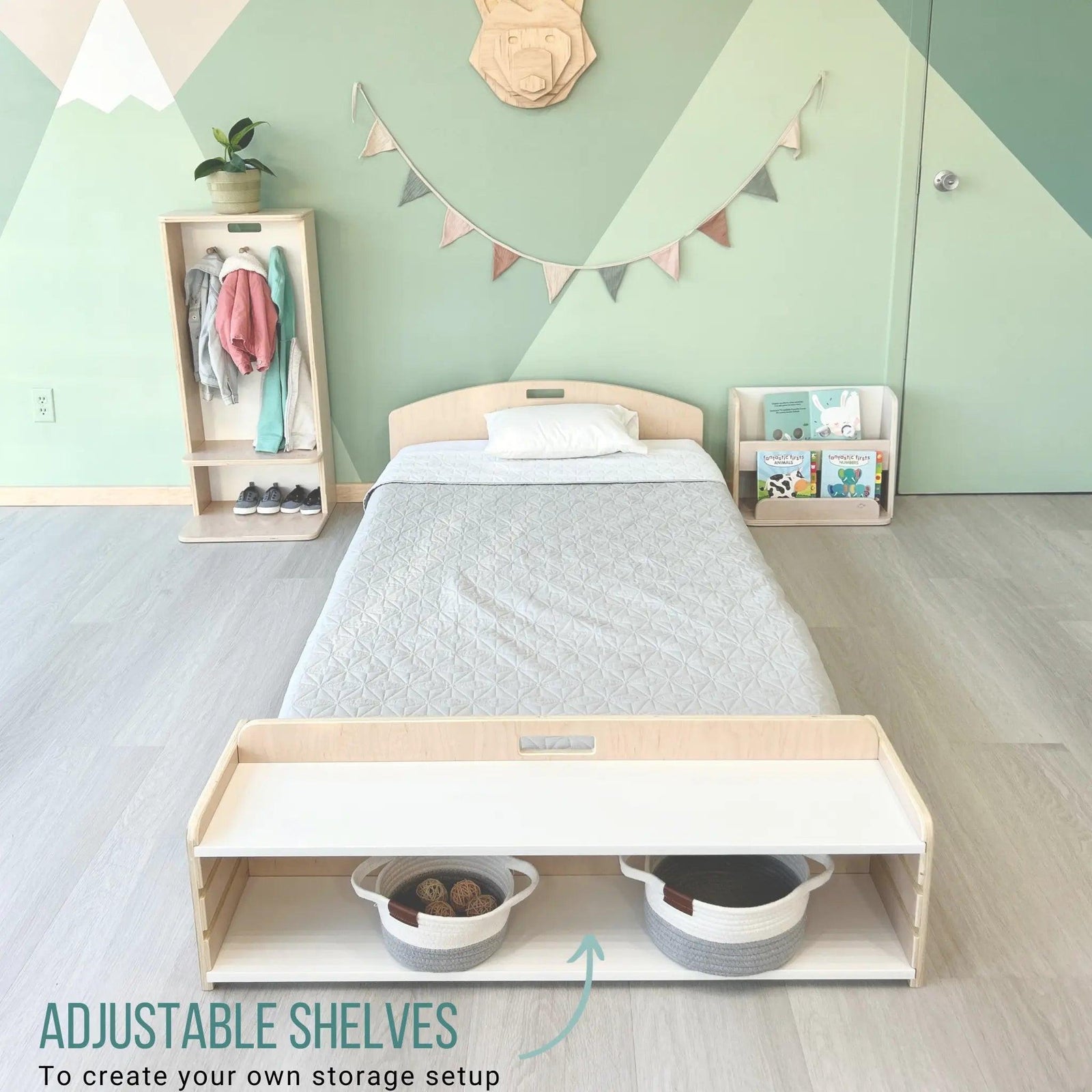 CHERRY TWIN - Montessori Floor Bed with Shelves.