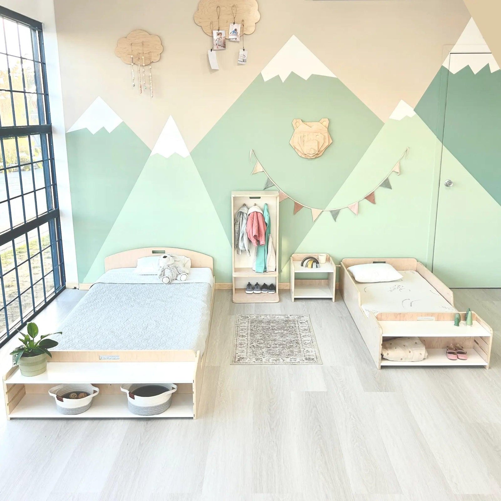 CHERRY TWIN - Montessori Floor Bed with Shelves.