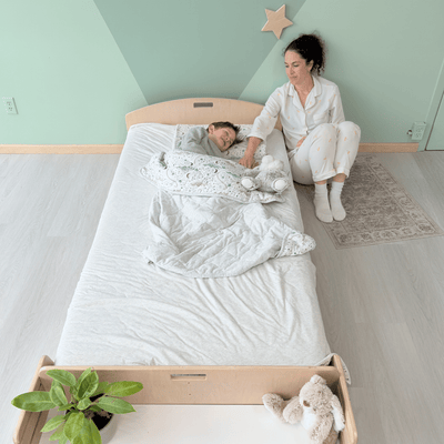 CHERRY TWIN - Montessori Floor Bed with Shelves.