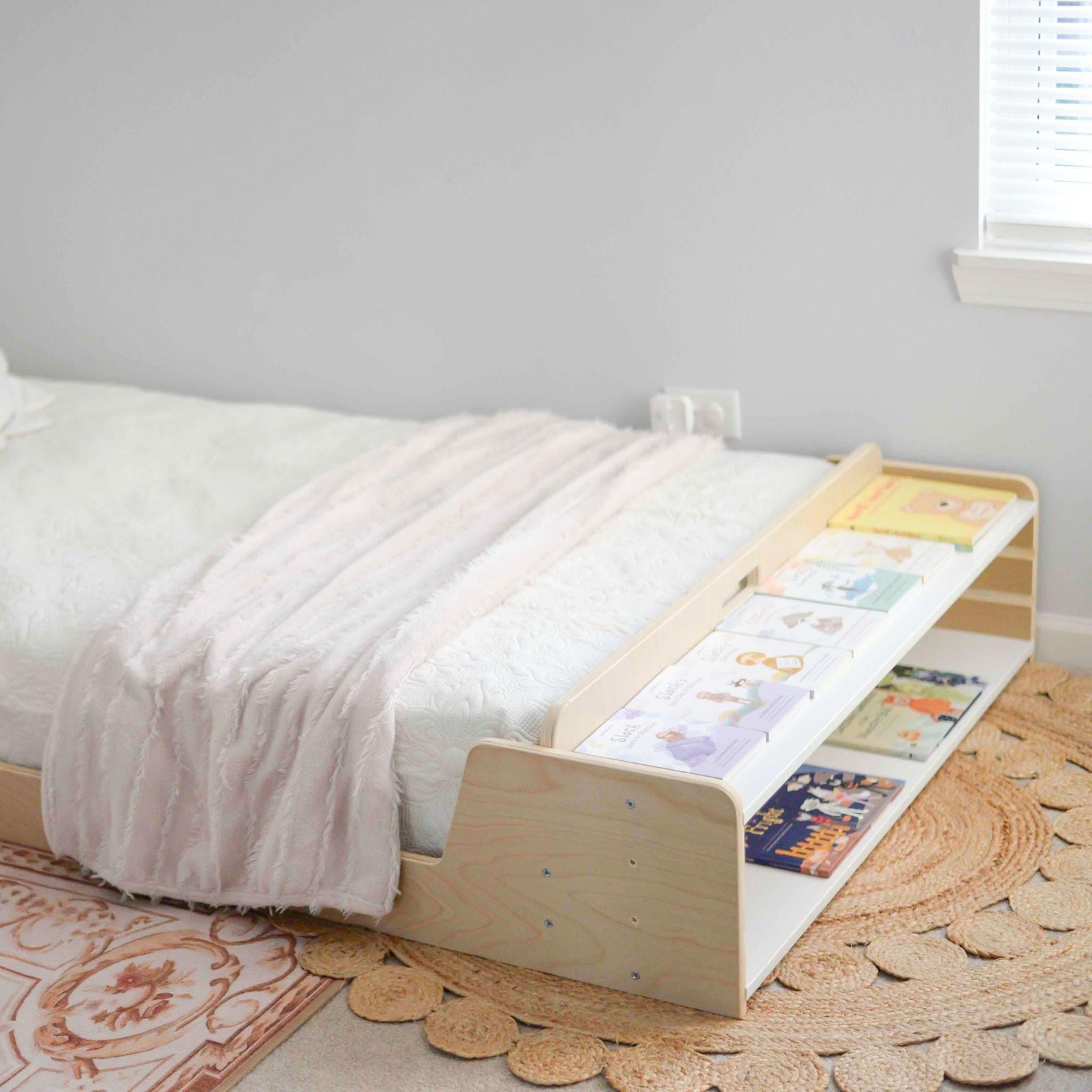 CHERRY TWIN - Montessori Floor Bed with Shelves.
