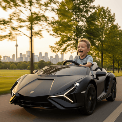 24V Luxurious Matte Black Nero Nemesis Lamborghini Sian 2-Seater Ride-On Drift Car.