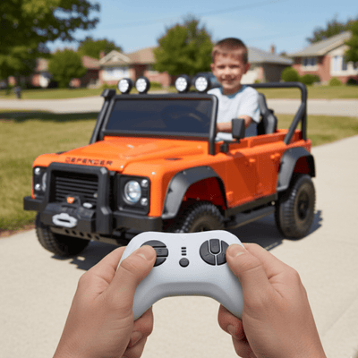 12V Orange Land Rover Defender 1-Seater AWD Ride-on Truck W/ Rubber Wheels, Music Player & RC.