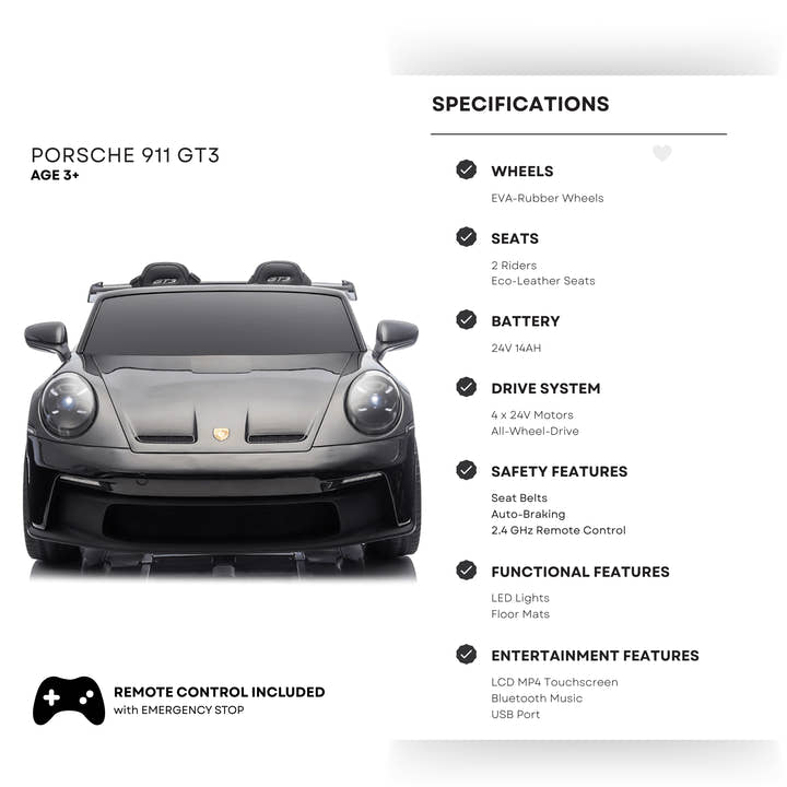 Glossy Black, Licensed LX MP4 Edition 24V/4WD Porsche 911 GT3 Kids Ride on Car W/ EVA Rubber Wheels & RC.