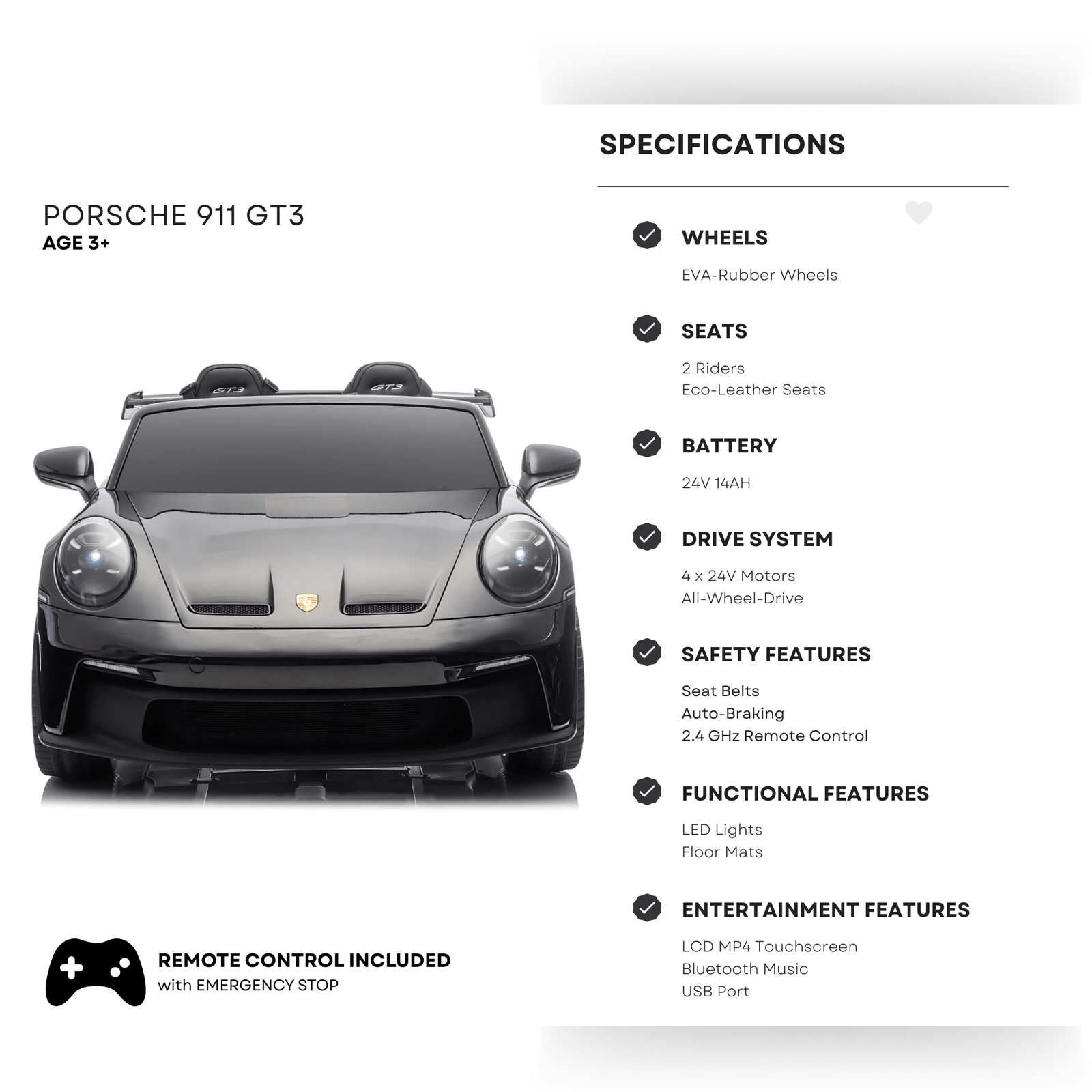 Glossy Black, Licensed LX MP4 Edition 24V/4WD Porsche 911 GT3 Kids Ride on Car W/ EVA Rubber Wheels & RC.