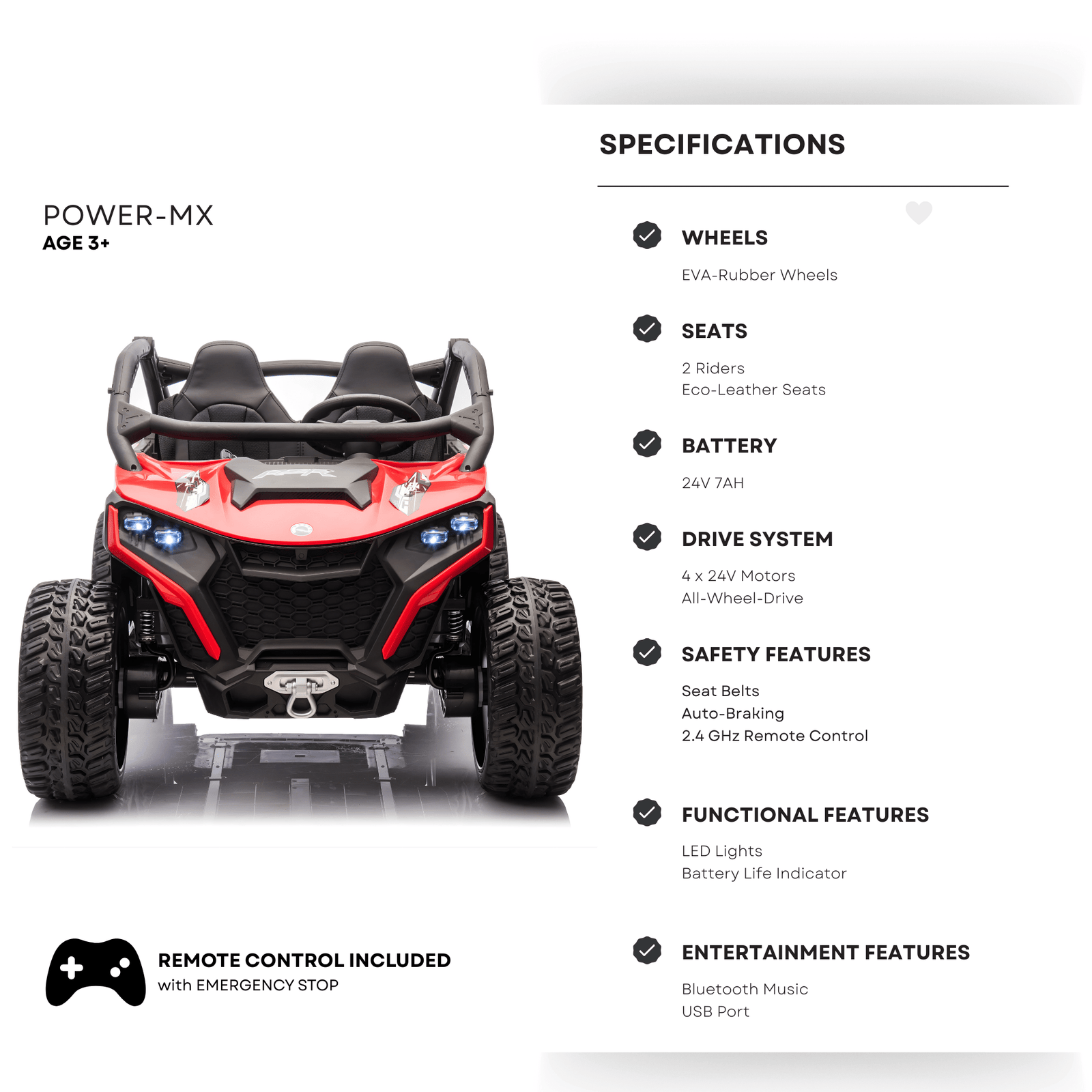 Red Power MX 2-Seater 24V 4x4 Kids' Ride-on UTV Buggy W/ EVA Rubber Wheels, Music & RC.