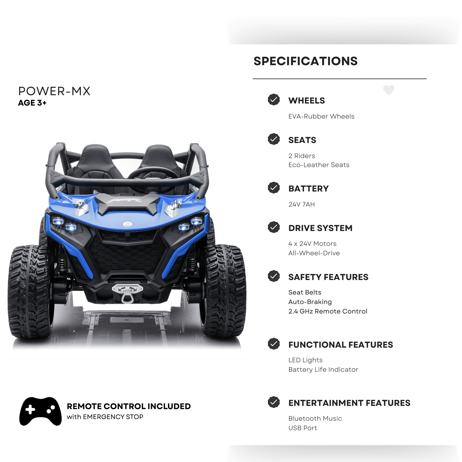 Blue Power MX 2-Seater 24V 4x4 Kids' Ride-on UTV Buggy W/ EVA Rubber Wheels, Music & RC.