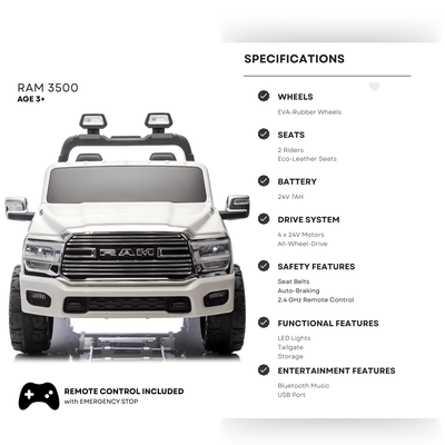 White Complete Edition XXL 2-Seater 4x4 RAM 3500 Ride-On Truck.