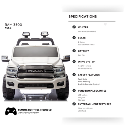 White Complete Edition XXL 2-Seater 4x4 RAM 3500 Ride-On Truck