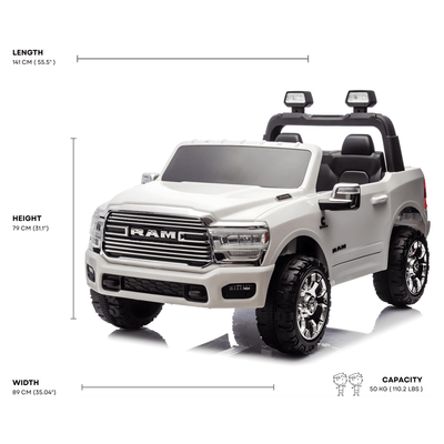 White Complete Edition XXL 2-Seater 4x4 RAM 3500 Ride-On Truck.