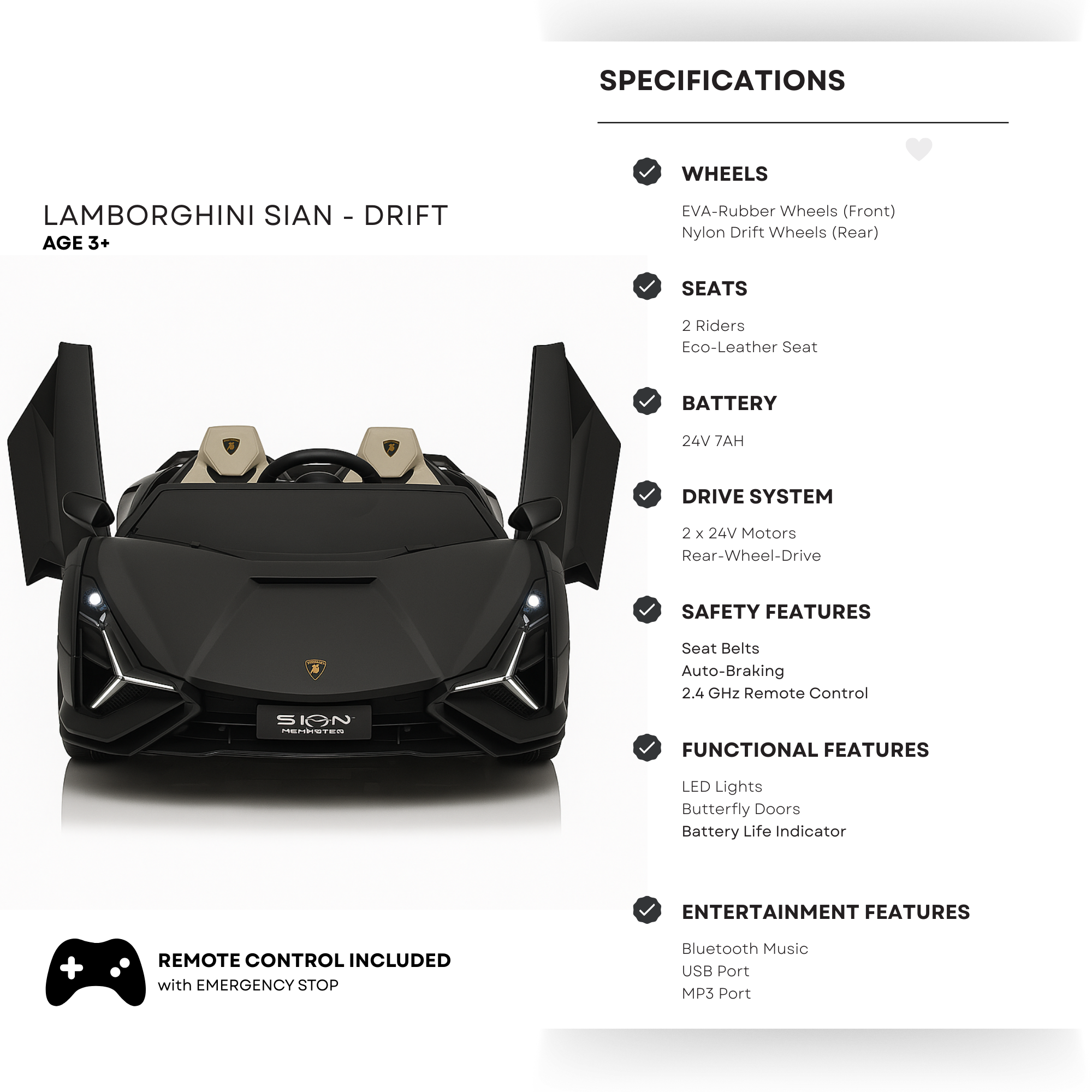 24V Luxurious Matte Black Nero Nemesis Lamborghini Sian 2-Seater Ride-On Drift Car
