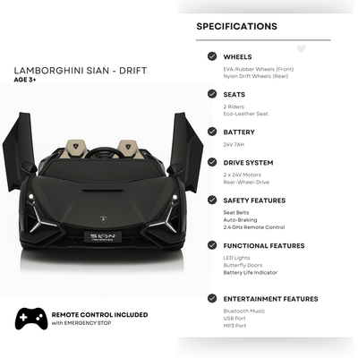 24V Luxurious Matte Black Nero Nemesis Lamborghini Sian 2-Seater Ride-On Drift Car.