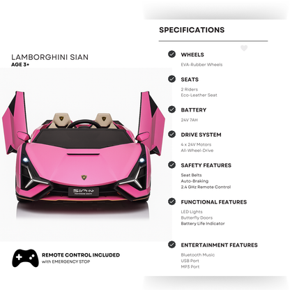 24V Luxurious Pink Lamborghini Sian 2-Seater 4x4 Ride-On Car W/ EVA Rubber Wheels, BT & RC