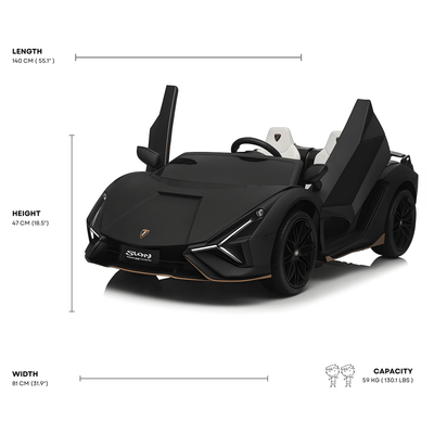 24V Luxurious Matte Black Nero Nemesis Lamborghini Sian 2-Seater Ride-On Drift Car.