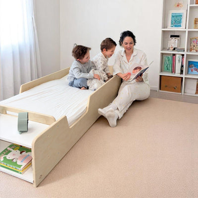 APPLE JUNIOR - Montessori Floor Bed with Rails & Shelves.