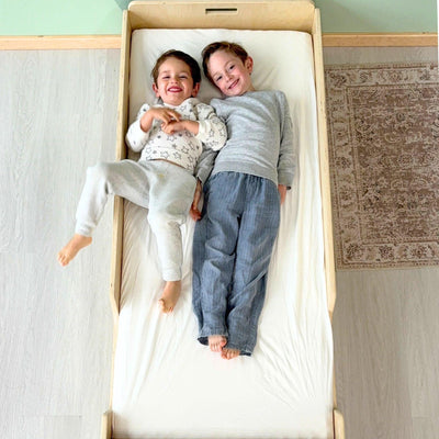 APPLE JUNIOR - Montessori Floor Bed with Rails & Shelves.