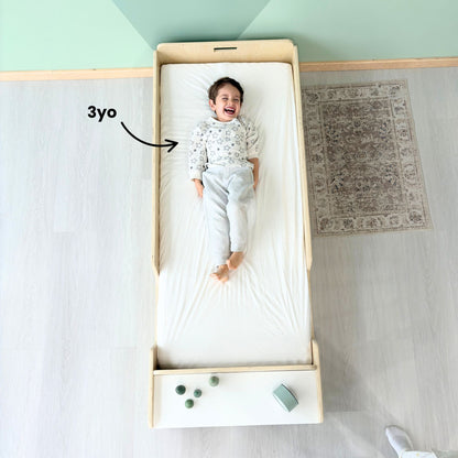 APPLE JUNIOR - Montessori Floor Bed with Rails & Shelves