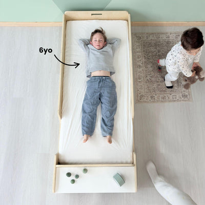 APPLE JUNIOR - Montessori Floor Bed with Rails & Shelves.