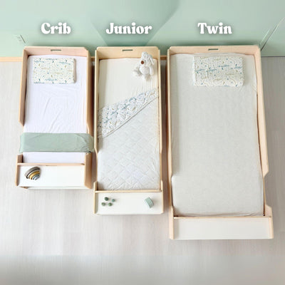 APPLE JUNIOR - Montessori Floor Bed with Rails & Shelves.
