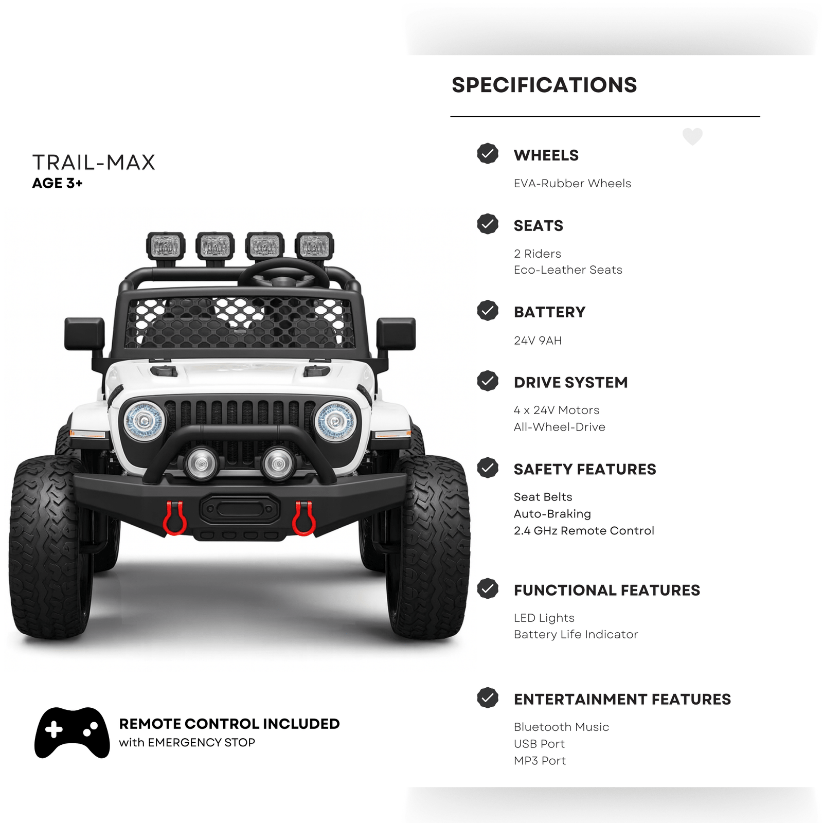 White 24V TrailMax Edition XXL 2-Seater 24V 4X4/AWD Kids Ride on Truck W/ EVA Rubber Wheels, BT & RC.