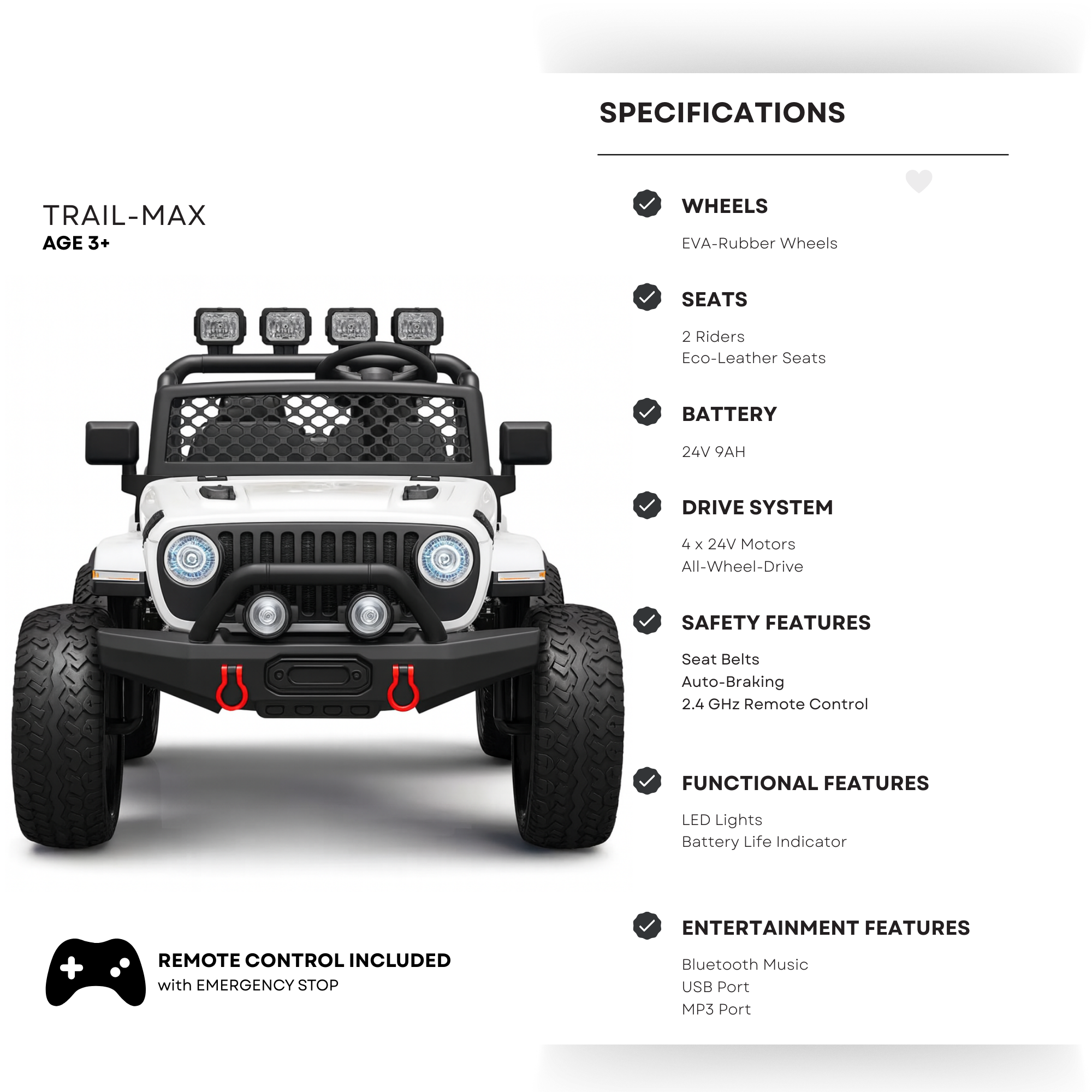 White 24V TrailMax Edition XXL 2-Seater 24V 4X4/AWD Kids Ride on Truck W/ EVA Rubber Wheels, BT & RC