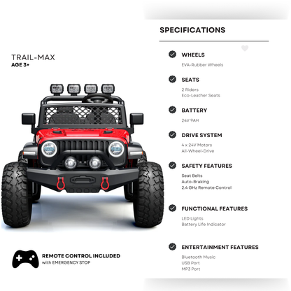 Red 24V TrailMax Edition XXL 2-Seater 24V 4X4/AWD Kids Ride on Truck W/ EVA Rubber Wheels, BT & RC