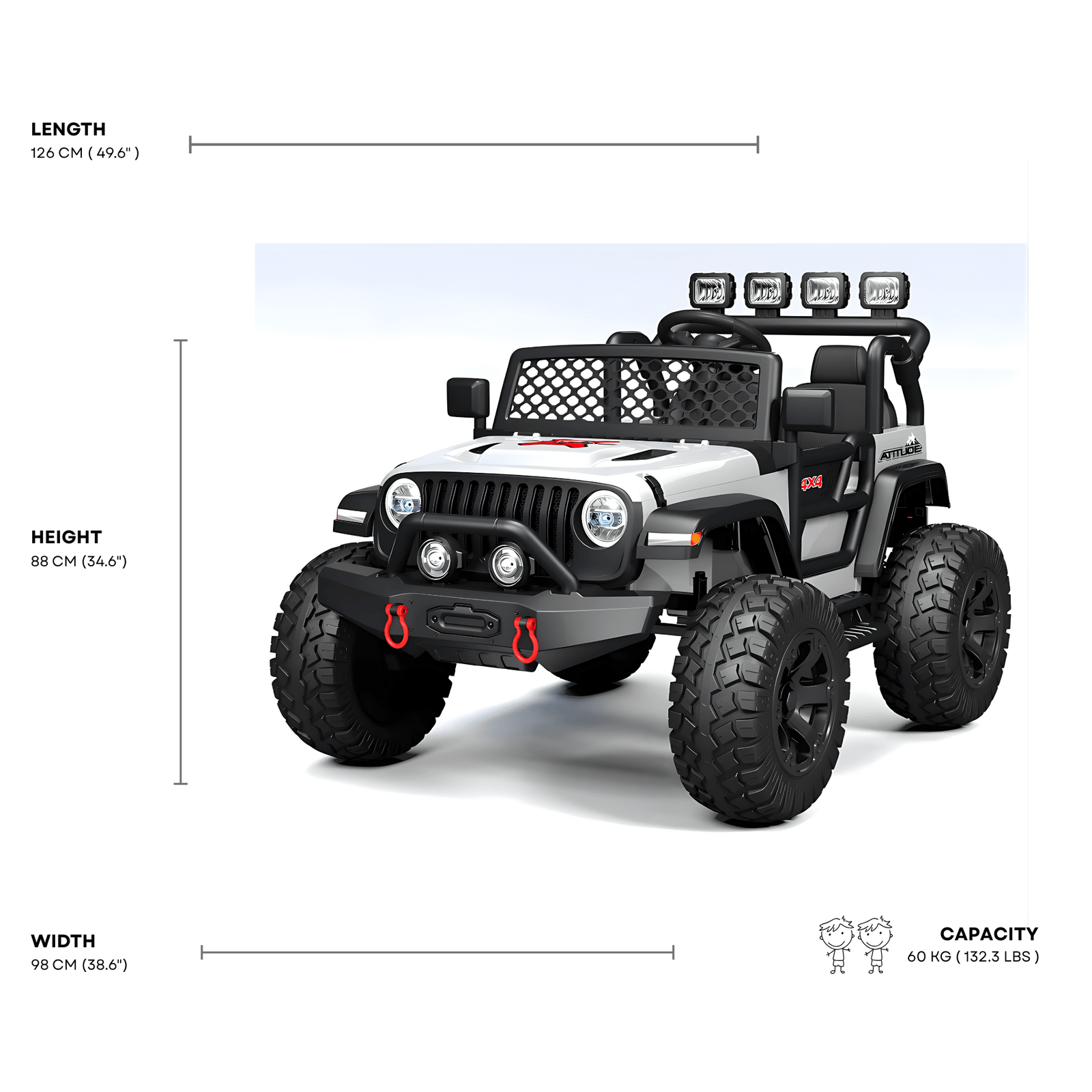 White 24V TrailMax Edition XXL 2-Seater 24V 4X4/AWD Kids Ride on Truck W/ EVA Rubber Wheels, BT & RC.