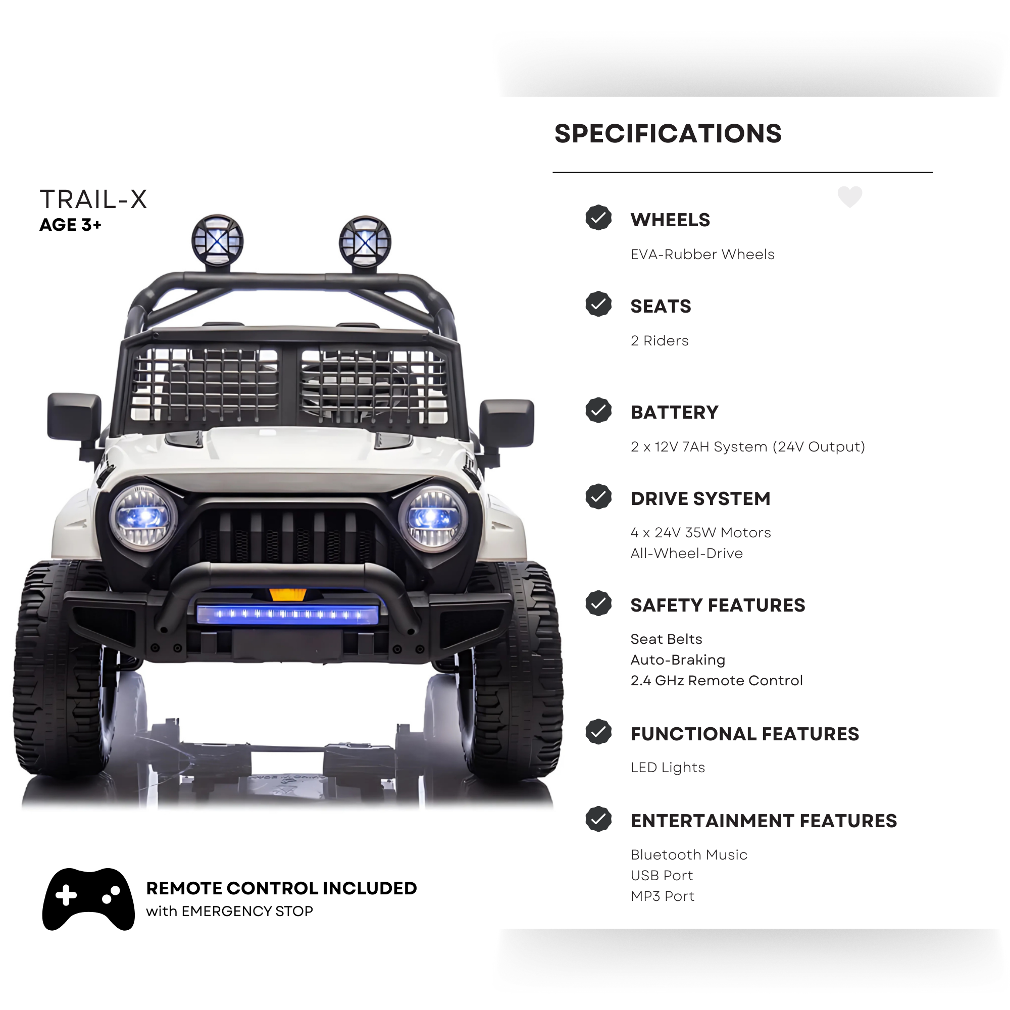 White 24V TrailX 2-Seater 24V 4X4/AWD Kids Ride on UTV Buggy W/ EVA Rubber Wheels, Music & RC