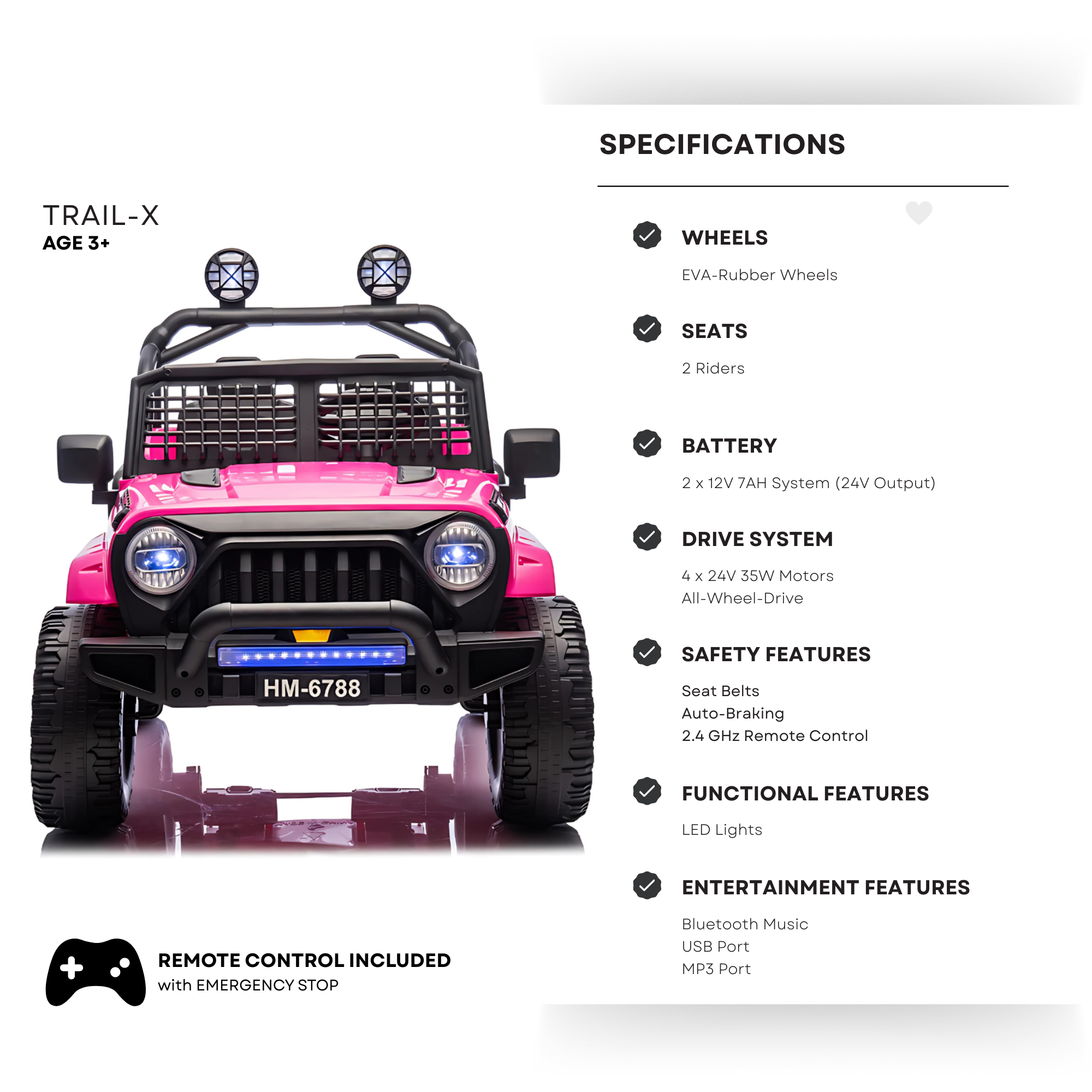 Pink 24V TrailX 2-Seater 24V 4X4/AWD Kids Ride on UTV Buggy W/ EVA Rubber Wheels, Music & RC