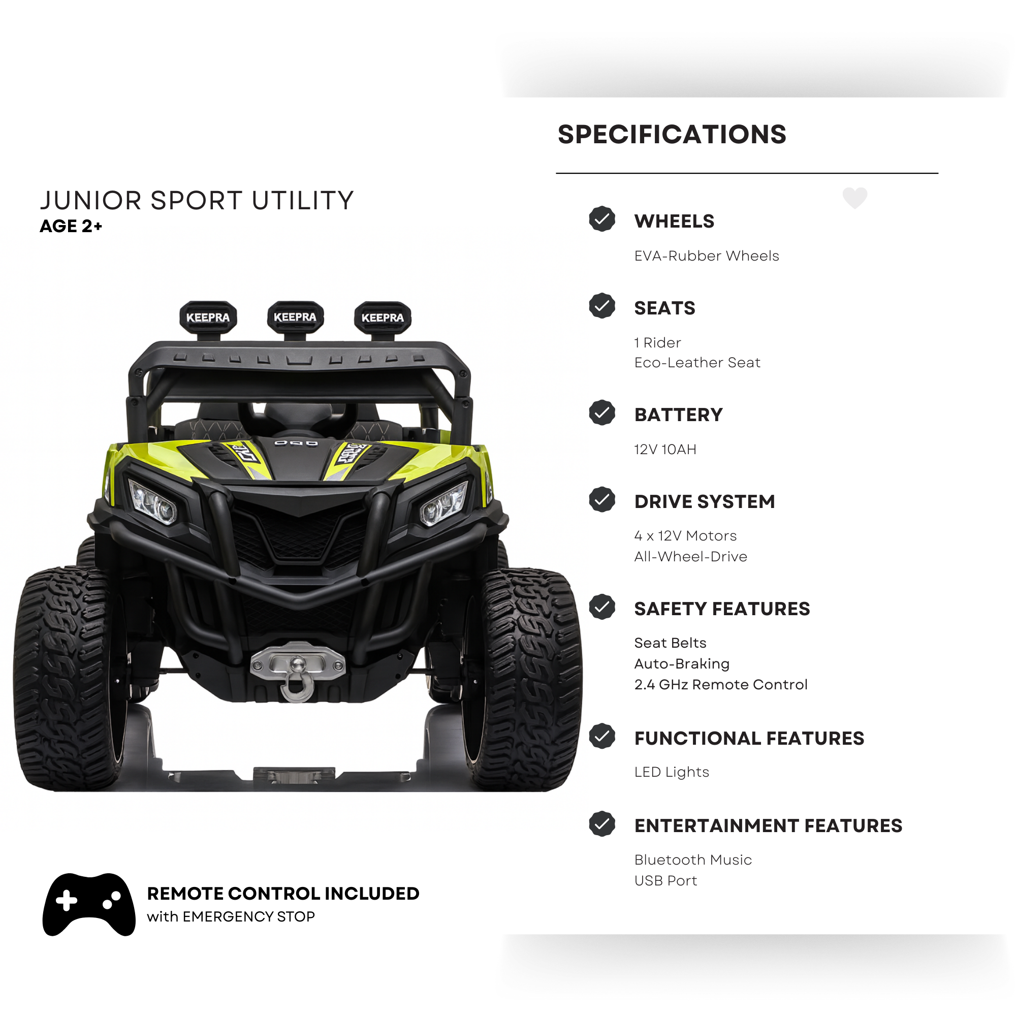 12V Green Junior Sport Utility Kids’ 4x4 Ride-On UTV Buggy W/ Rubber Wheels, Music & RC