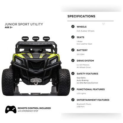 12V Green Junior Sport Utility Kids’ 4x4 Ride-On UTV Buggy W/ Rubber Wheels, Music & RC