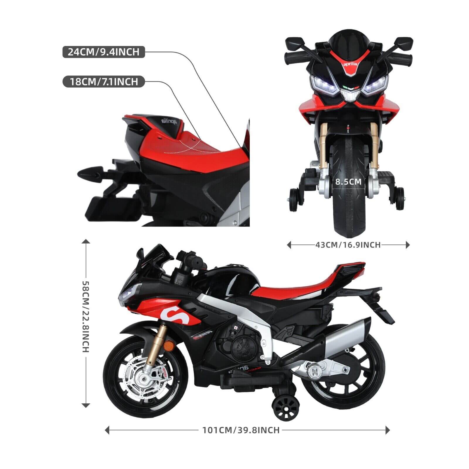 Upgraded Aprilia RSV4 12V Super Motorcycle With Music, Lights and Rubber Wheels
