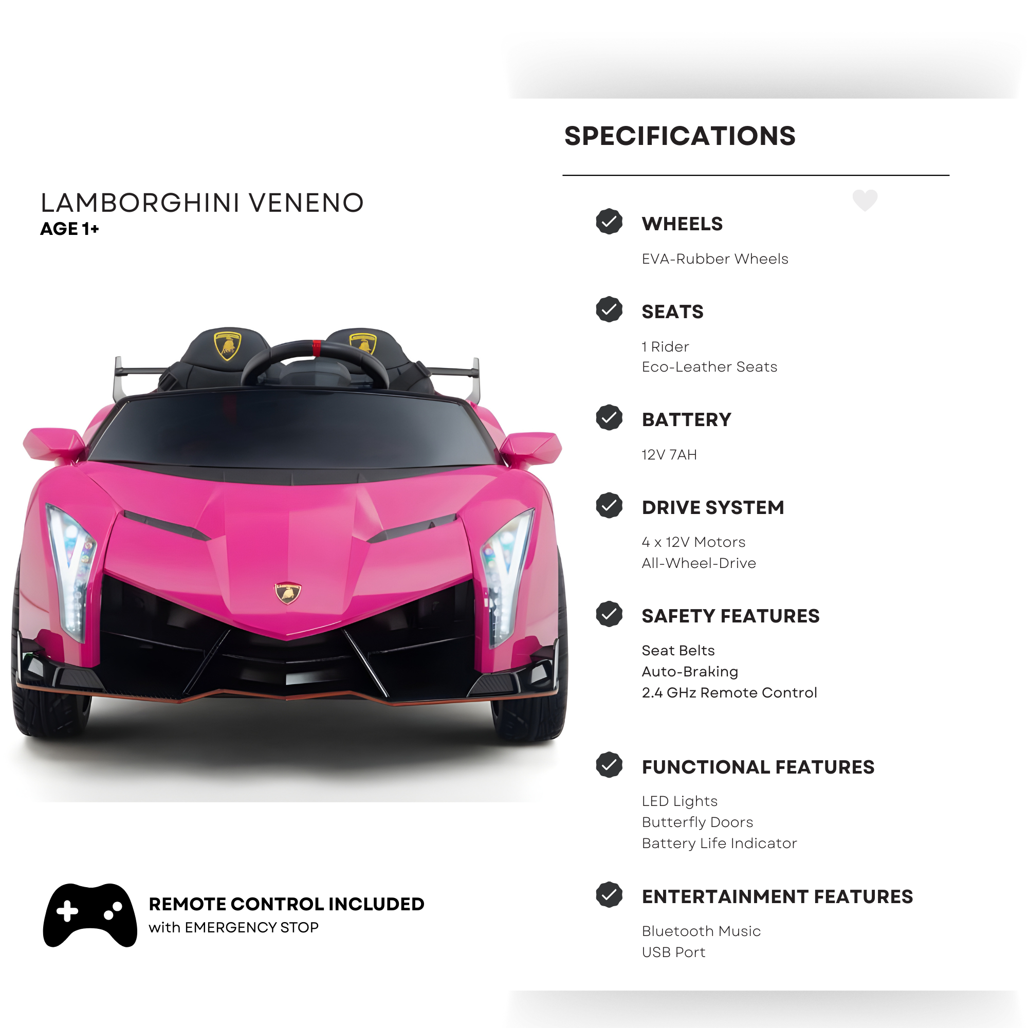 12V Pink Lamborghini Veneno 4X4 Limited Edition Ride-on Car W/ EVA Rubber Wheels, Bluetooth & RC