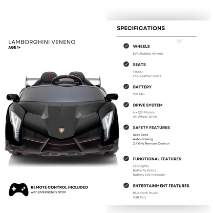 12V Black Lamborghini Veneno 4X4 Limited Edition Ride-on Car W/ EVA Rubber Wheels, Bluetooth & RC