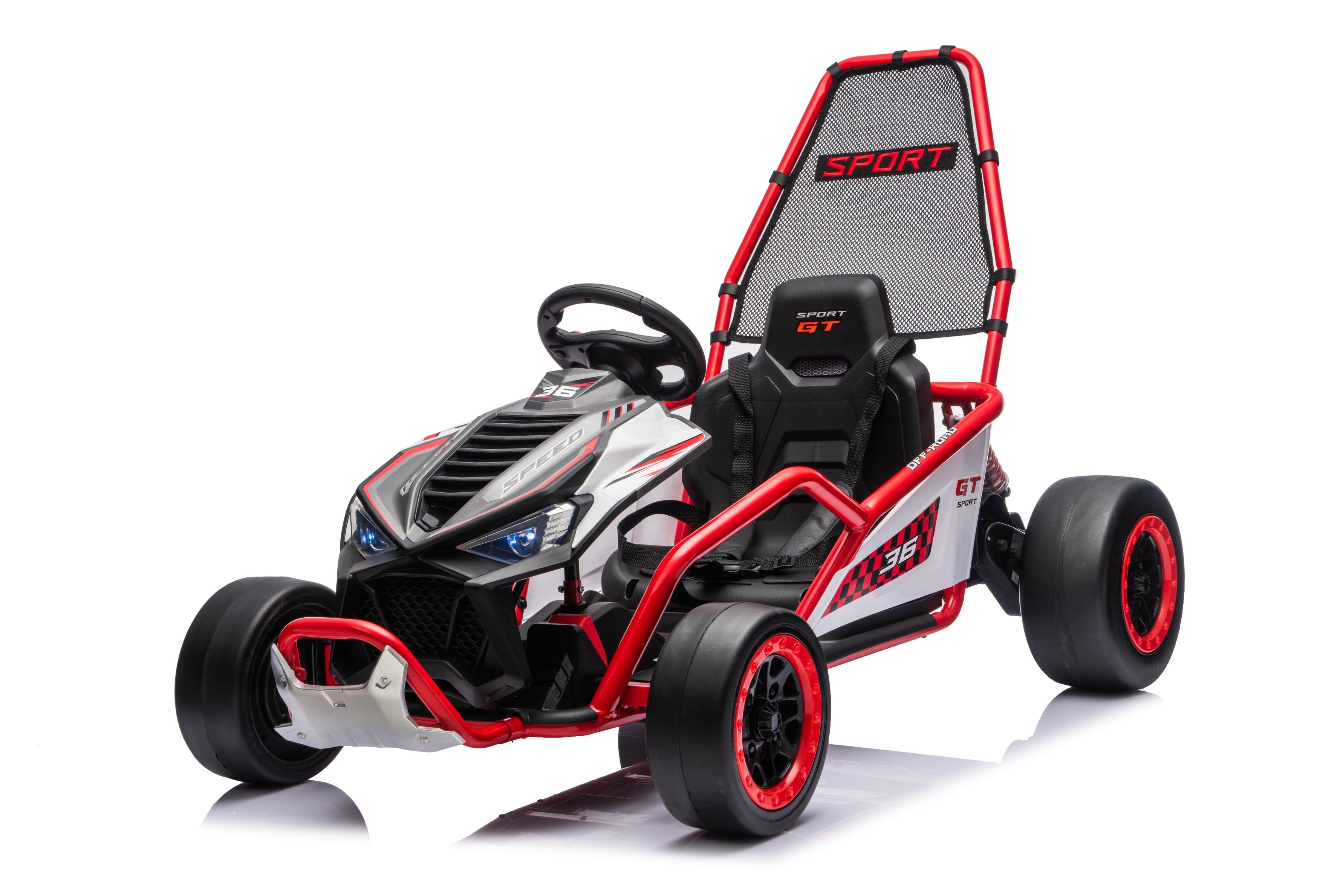 Red Outlaw Edition 24V Kids Electric Go-Kart with Quiet Dual Motors, Music Player, EVA Front Wheels.