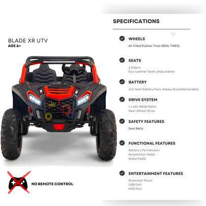 Red Heavy Duty 24V 14Ah Blade XR Edition XXL 2-Seater Ride-On Buggy W/ 180W Brushless Motor, Inflatable Tires & BT (No RC)