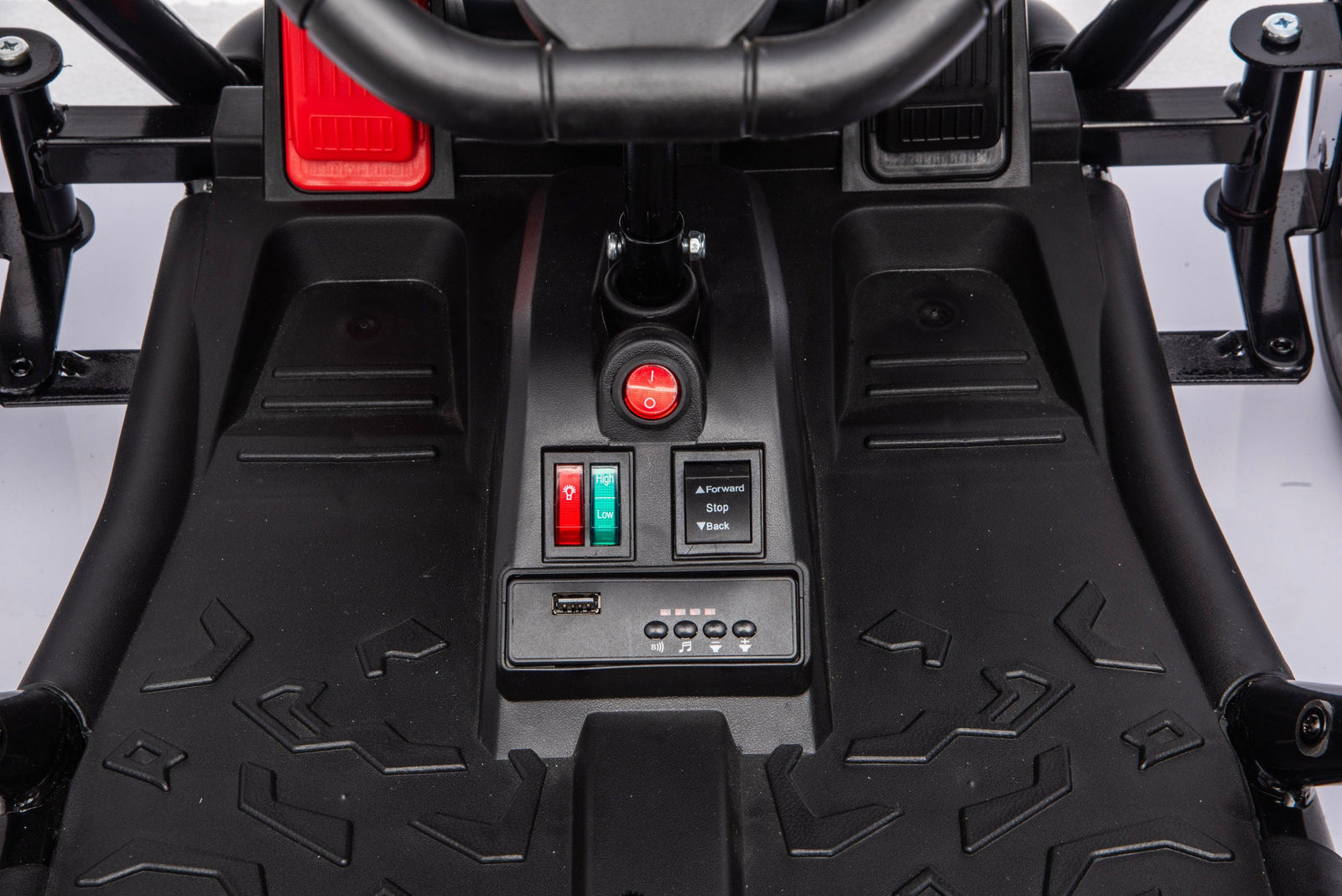 Black Outlaw Edition 24V go-kart dashboard with USB music player and battery display