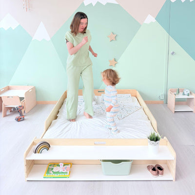 APPLE FULL - Montessori Floor Bed with Shelves.