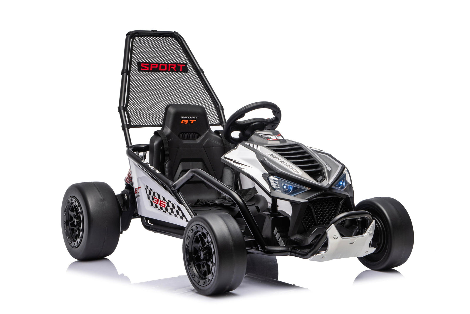 Black Outlaw Edition 24V electric go-kart feature image with dual quiet motors foot brake and USB music player