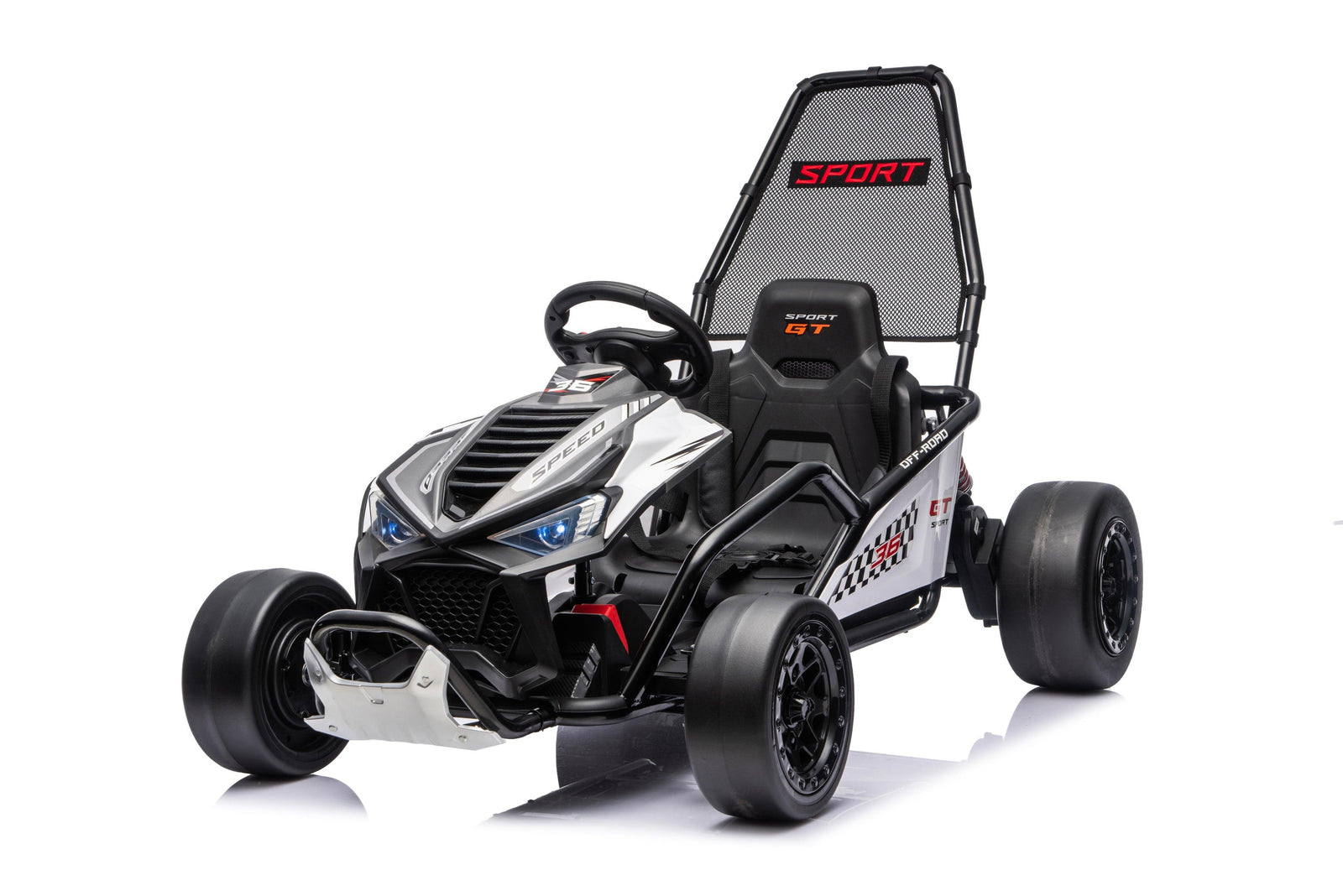 Black Outlaw Edition 24V kids electric go-kart front view with sporty racing design
