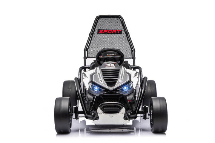 Outlaw Edition 24V kids electric go-kart front view with sporty racing design