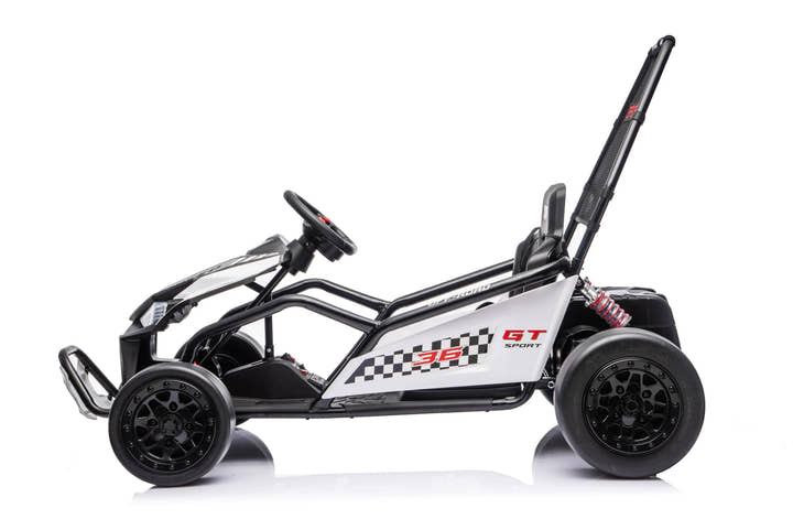 Black Outlaw Edition 24V kids go-kart side view with low-profile racing frame