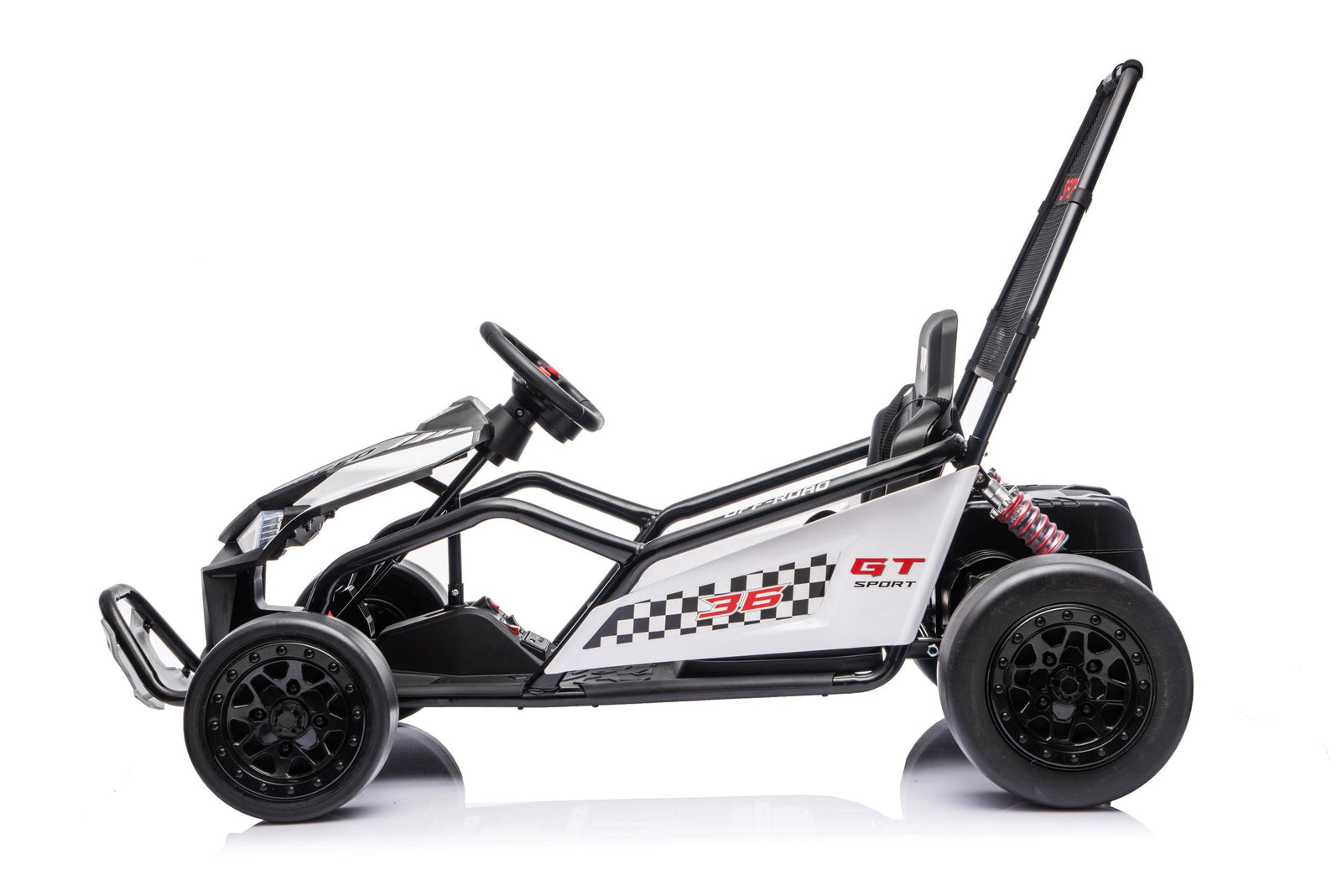 Black Outlaw Edition 24V kids go-kart side view with low-profile racing frame