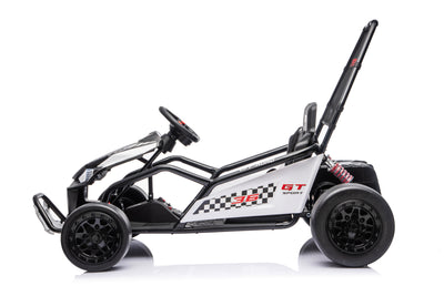 Black Outlaw Edition 24V kids go-kart side view with low-profile racing frame