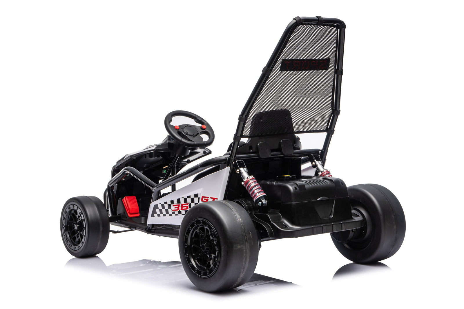 Black Outlaw Edition 24V ride-on go-kart for kids with child driving in modern showroom