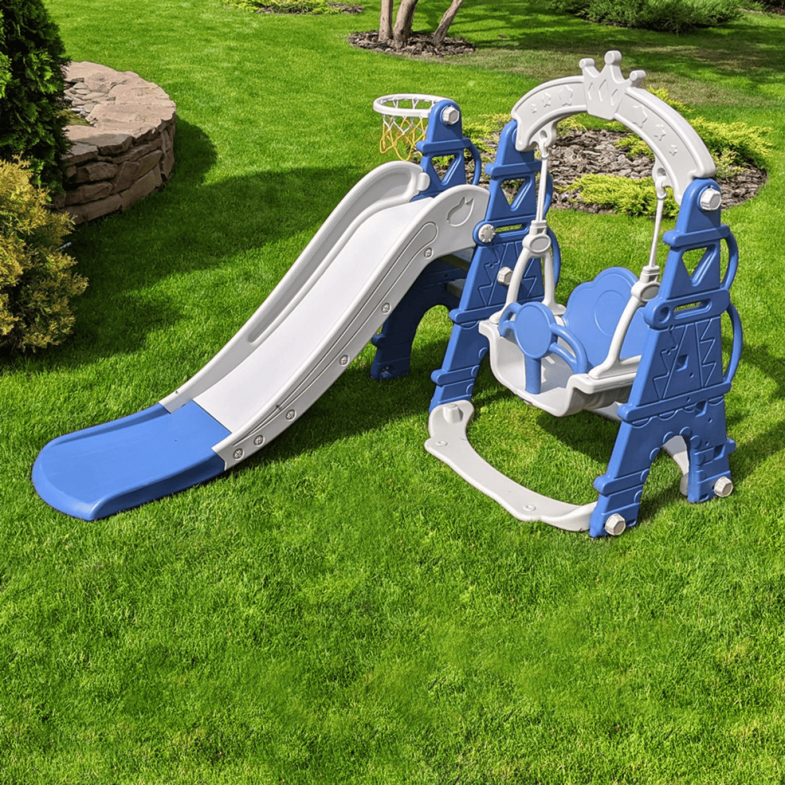 Blue Luxury 5-in-1 Castle Edition Playset for Kids W/ Slide, Closed Steps, Swing & Basketball Hoop.