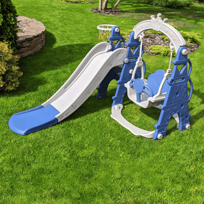 Blue Luxury 5-in-1 Castle Edition Playset for Kids W/ Slide, Closed Steps, Swing & Basketball Hoop.