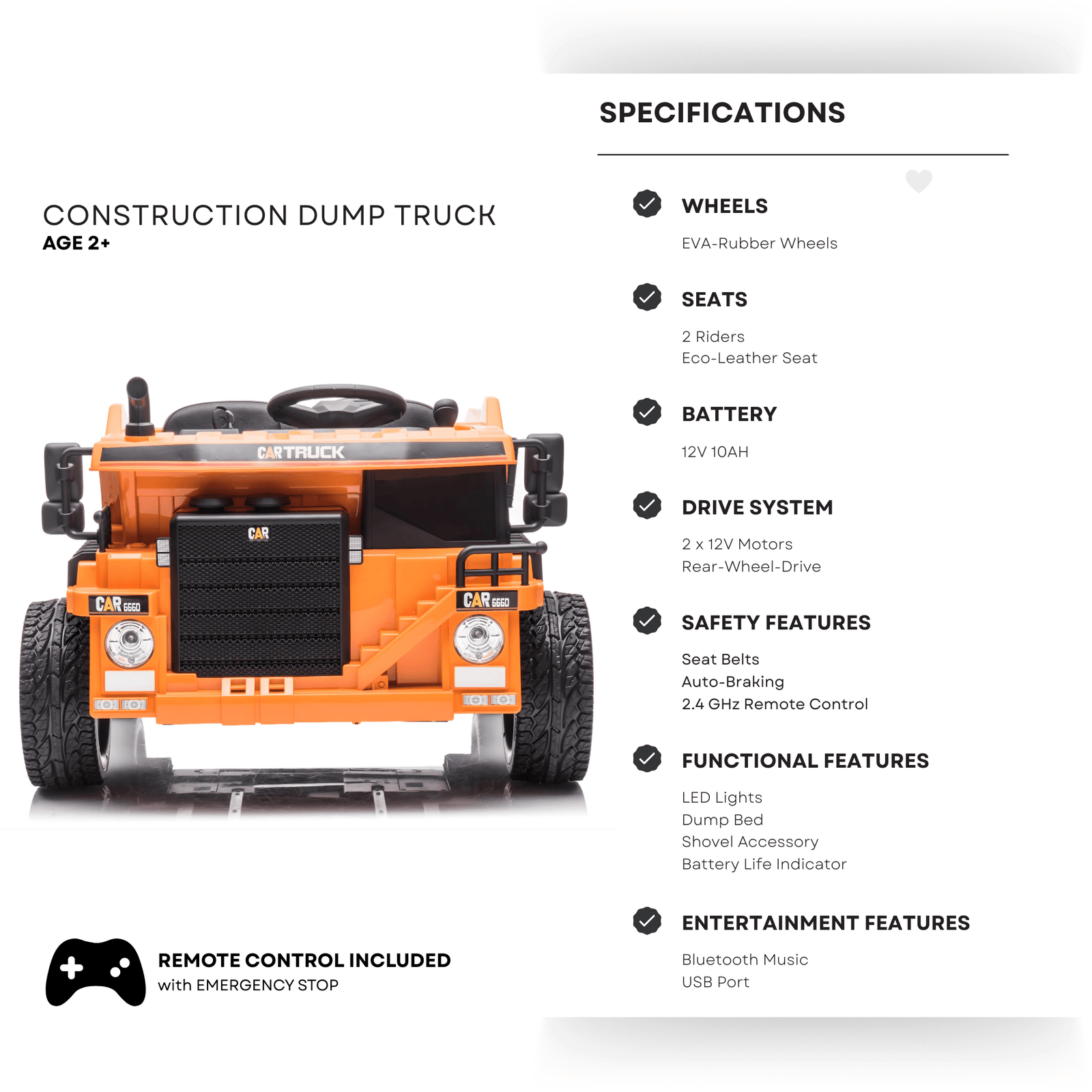 12V Kids' Ride-On Construction Dump Truck W/ Rubber Wheels, Automatic Dump Bed, Music & RC.
