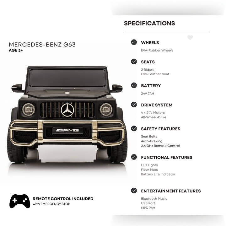 24V Exclusive Matte Black Mercedes Benz G63 2-Seater 4x4 Kids' Ride-on SUV W/ EVA Wheels, Leather Seats, Light-up Logo, BT & RC.