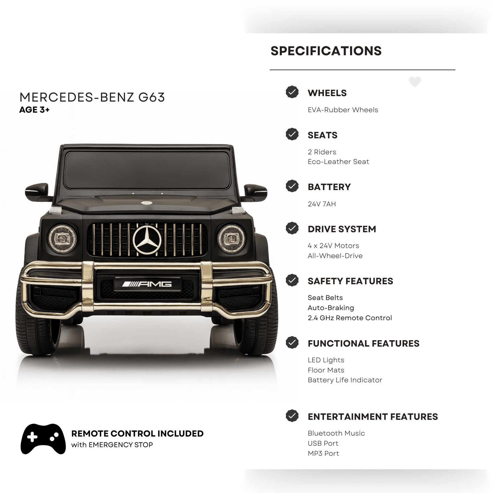 24V Exclusive Matte Black Mercedes Benz G63 2-Seater 4x4 Kids' Ride-on SUV W/ EVA Wheels, Leather Seats, Light-up Logo, BT & RC.