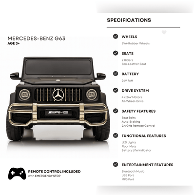 24V Exclusive Matte Black Mercedes Benz G63 2-Seater 4x4 Kids' Ride-on SUV W/ EVA Wheels, Leather Seats, Light-up Logo, BT & RC.